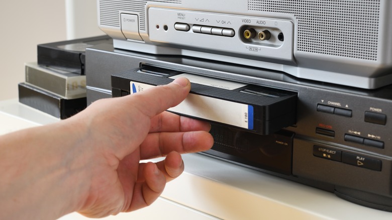 VHS tape inserted into VCR