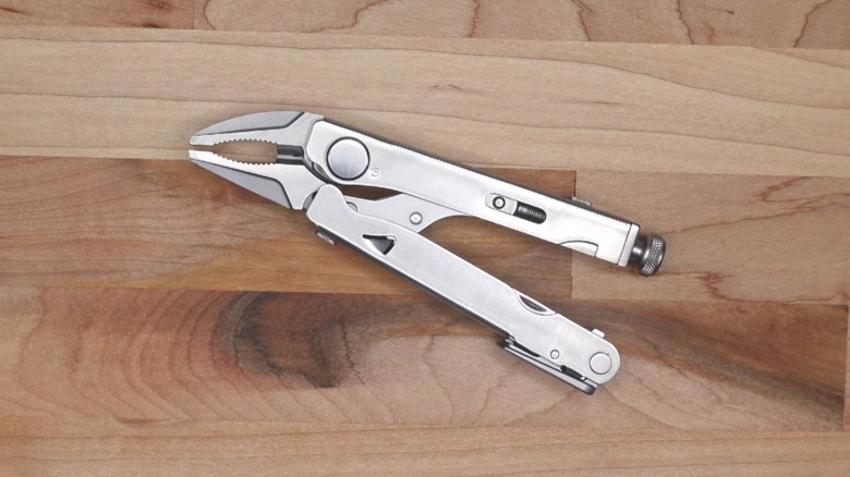 The Leatherman Crunch on a wooden surface.