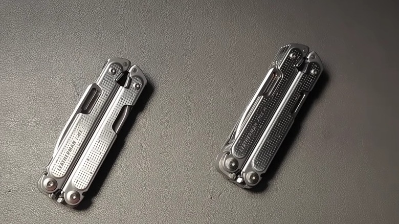 The Leatherman Free P2 and P4 displayed on a gray surface.