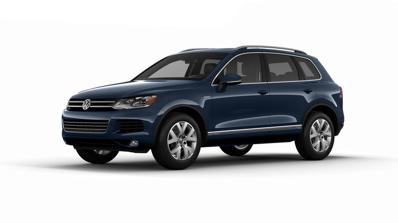 Blue 2015 Volkswagen Touareg X Special Edition SUV seen from left front in a studio