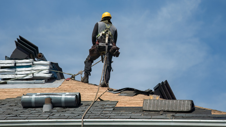 Repair person standing on roof