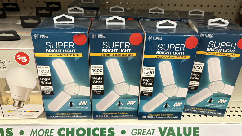 Store display of four fan-like lightbulbs in a row