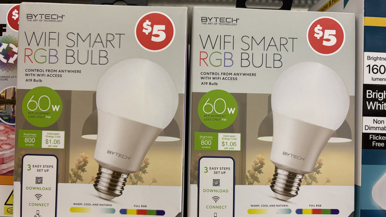 Store display of two smart light bulb boxes side by side