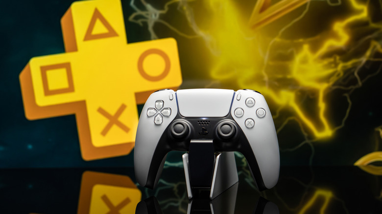 A DualSense controller in front of the PS Plus logo.