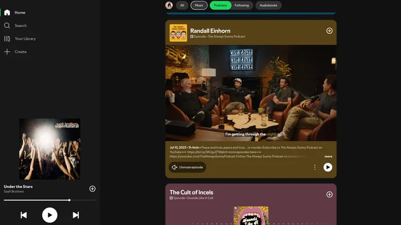 Spotify UI showing buttons for Podcasts, Music, and Audiobooks