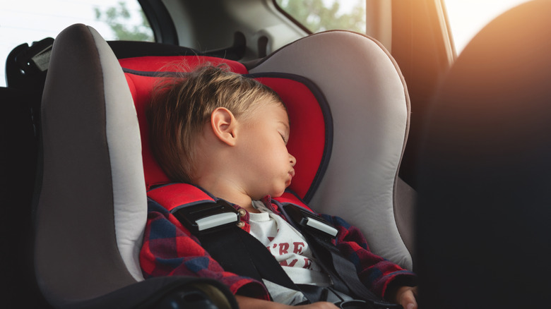 A boy peacefully sleeping inside a car