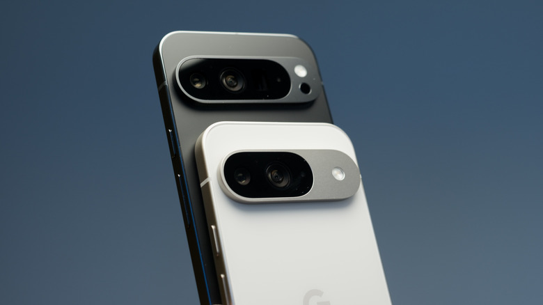 Two Google pixels side by side over a blue background