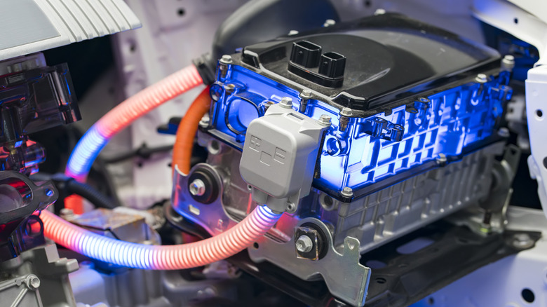Close-up of hybrid electric car battery connections and circuitry
