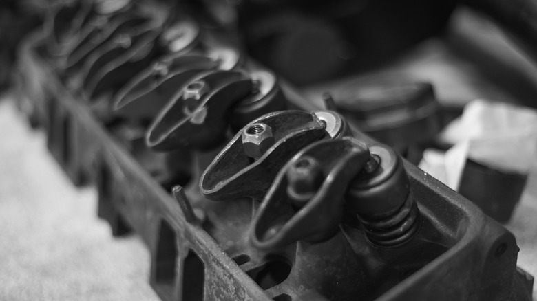 Close-up of pushrod V8 exposed valvetrain showing rocker arms