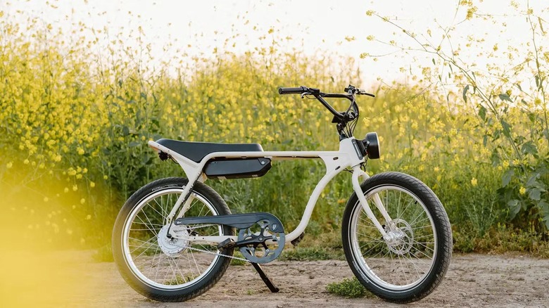 ebike from Electric Bike Company in front of yellow flowers