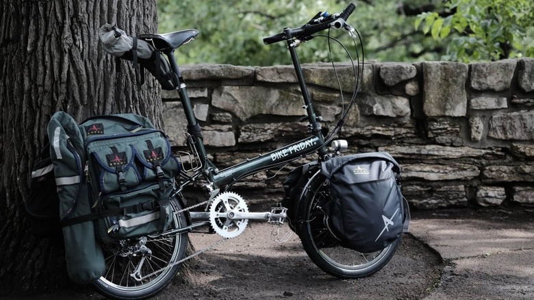 Bike Friday ebike leaning against a tree