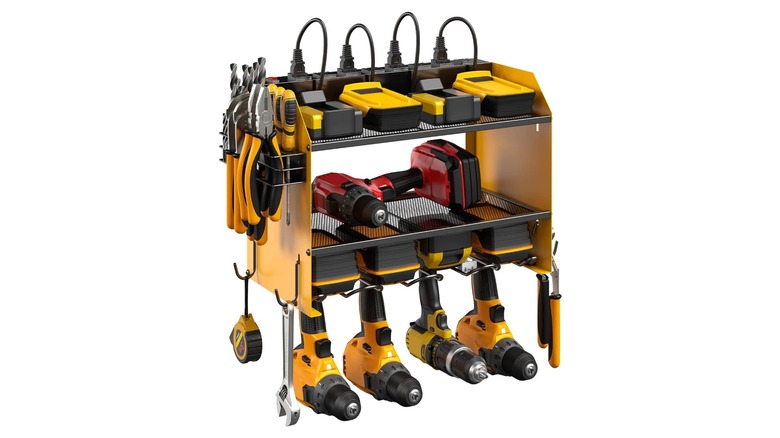 Stock image of yellow shelving unit holding various power tools