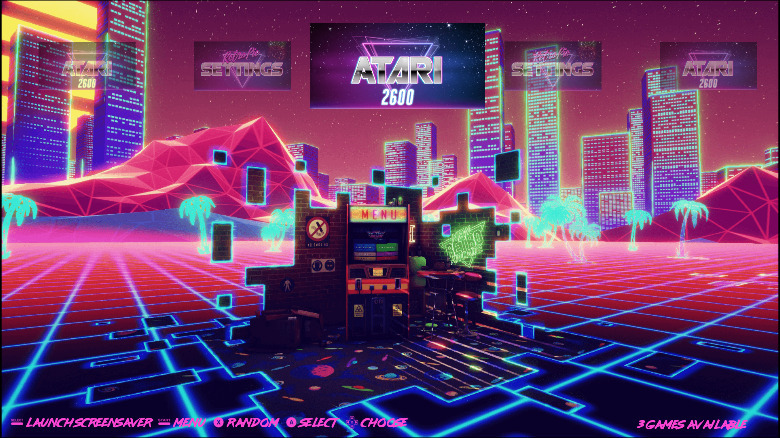 The RetroPie main menu with a synthwave-inspired theme.