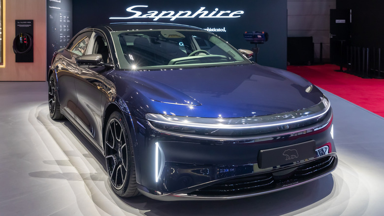 Close up of Lucid Air Sapphire on display at an auto show.