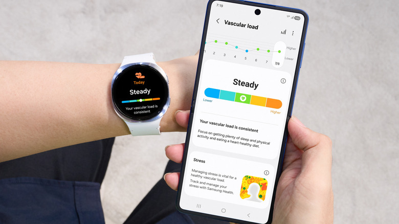 A silver Samsung Galaxy Watch8 showing the Vascular Load feature.