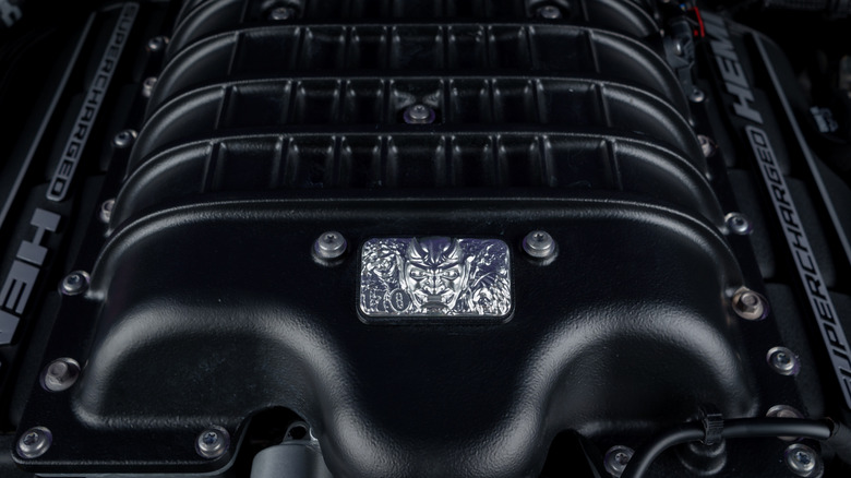 A close-up of a Dodge Challenger SRT Demon 170 engine bay.
