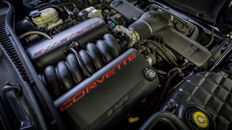 The small block LS V8 under the hood of a Chevrolet Corvette