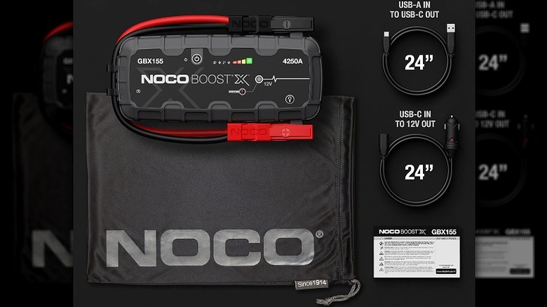 Noco jump starter device, along with a case and two cables.