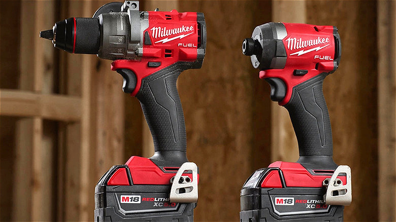 The Milwuakee Fuel Hammer Drill and Fuel Impact Driver next to each other.