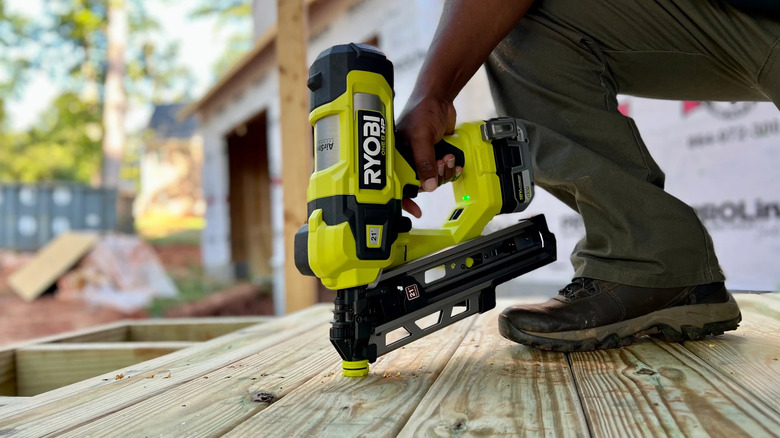 Ryobi 18V One+ HP framing nailer in action