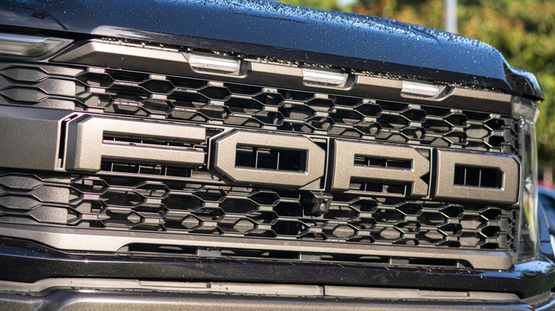 A close-up of a Ford F150 front grille in black.