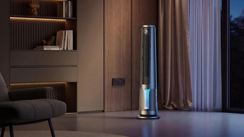 Dreo tower fan set up in a modern living room