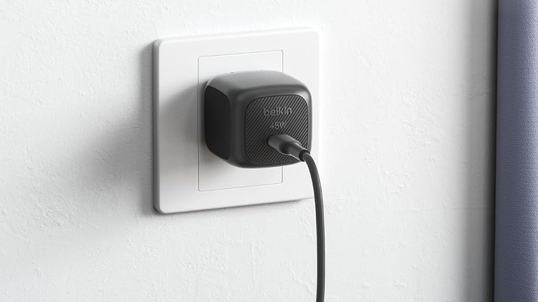 Belkin 45W compact USB-C charger plugged into a socket