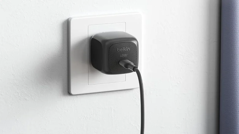 Belkin 45W compact USB-C charger plugged into a socket