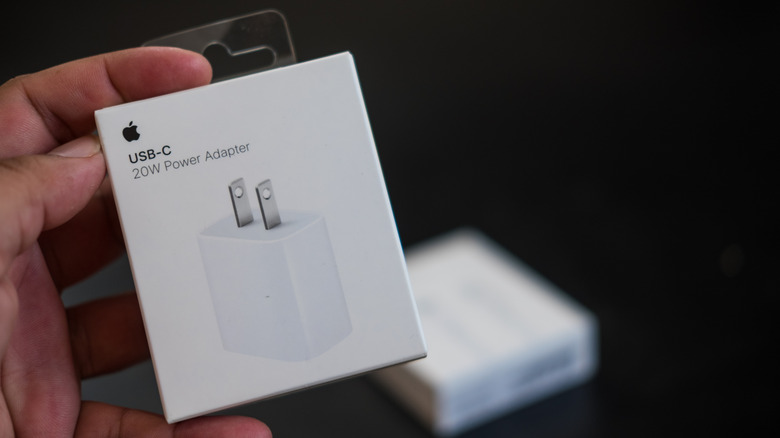 Person showing Apple's 20W charging adapter