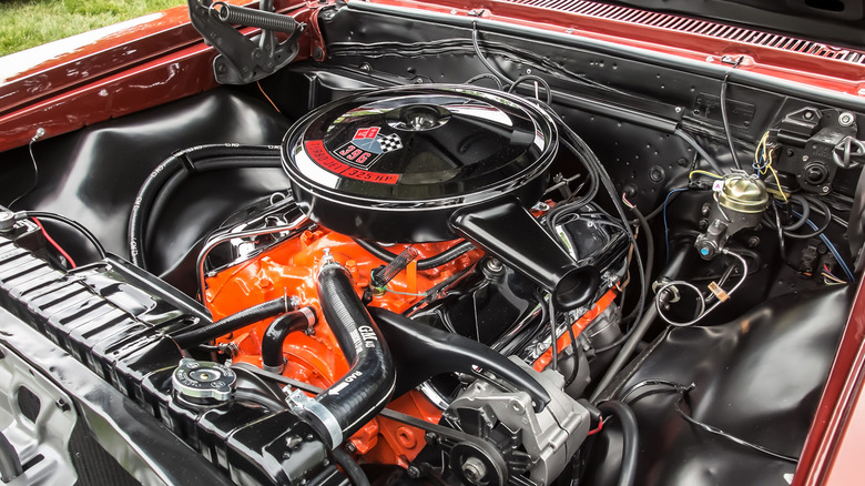 A 1966 Chevy Chevelle engine bay equipped with a 396 big block V8 engine