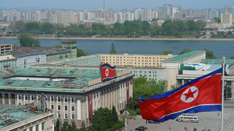 North Korean flag and infrastructure