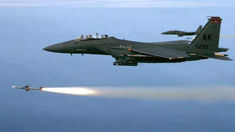 Two F-15E Eagles flying in formation with a just fired missile in the shot.