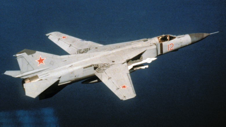 A Soviet Mikoyan-Gurevich MiG-23M "Flogger" in flight in 1989