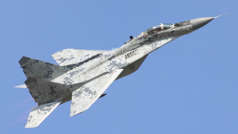 A Slovakian Mikoyan MiG-29 Fulcrum in flight over blue skies