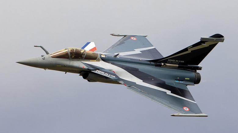 Dassault Rafale fighter jet seen in flight banking left