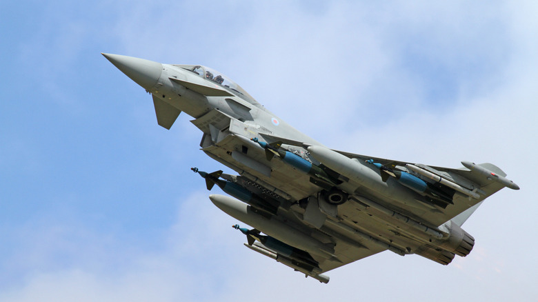 Eurofighter Typhoon FGR4 2 fighter jet seen in flight from below left