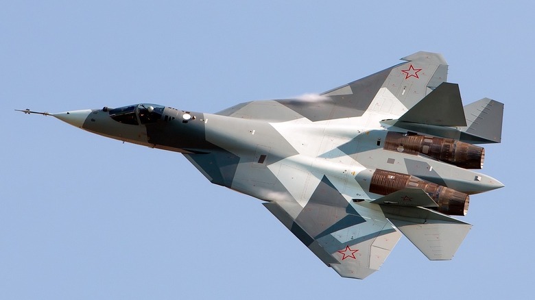 Su-57 fighter jet prototype seen in flight banking left