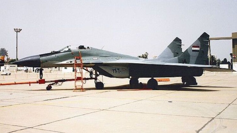 Iraqi Air Force MiG-29 Fulcrum fighter jet seen on the ground from left front
