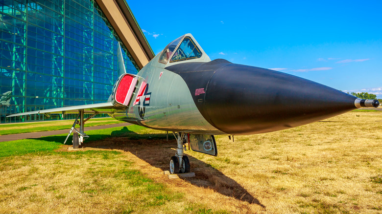 A Convair F-106A Delta Dart fighter jet on exhibit of Evergreen Aviation & Space Museum.