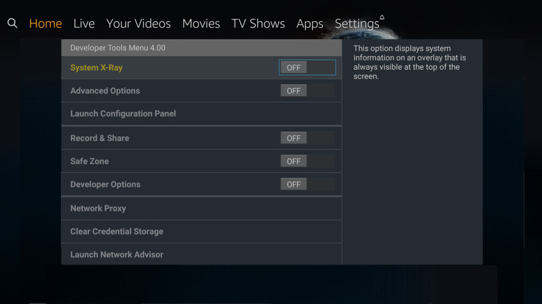 A Fire TV Stick Developer Tools menu