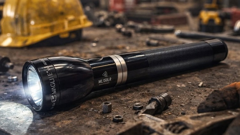 Maglite flashlight on workbench