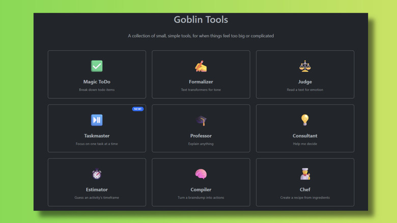 Screenshot of Goblin Tools home page