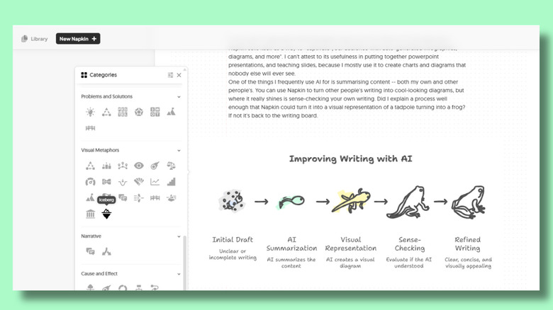 Screenshot of Napkin AI showing text and a diagram of a tadpole changing into a frog