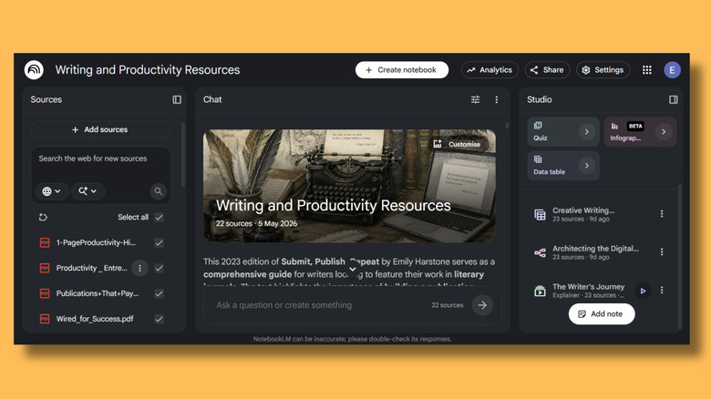 Screenshot of Google NotebookLM showing a notebook with sources, chat, and studio options.