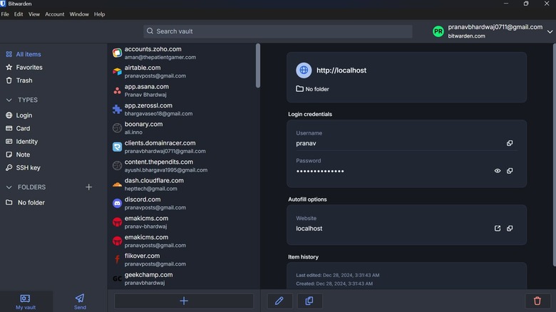 Screenshot of the Bitwarden app launched on a Windows PC showing many saved credentials of different websites and services