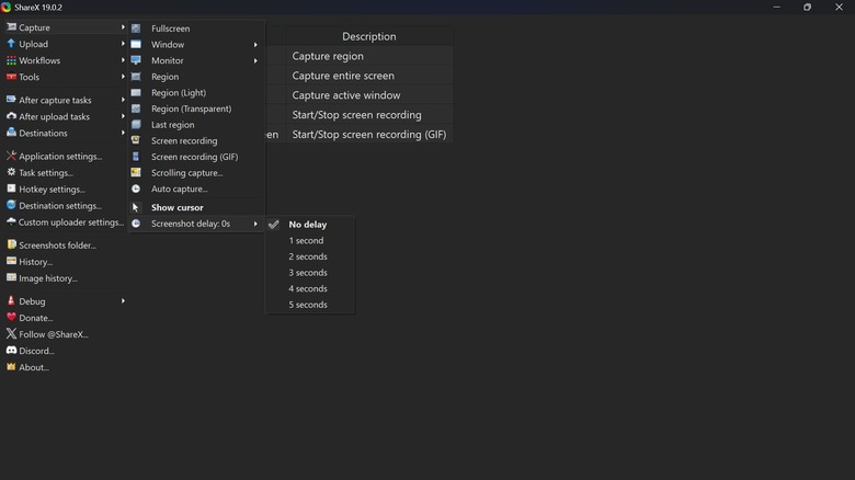 Screenshot of the ShareX app launched on a Windows PC showing all the major capture options