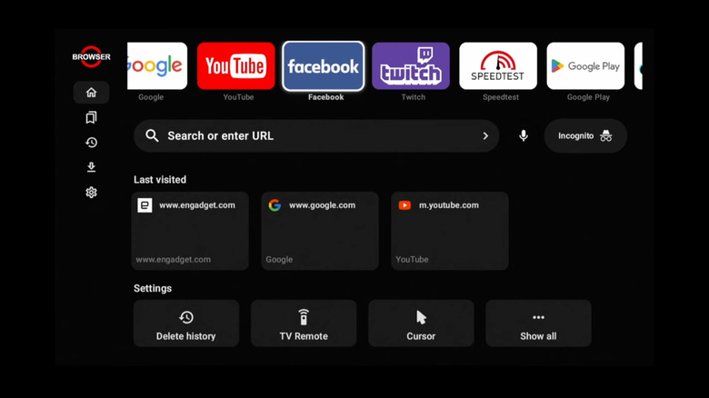 The home screen of the Browser app for smart TV