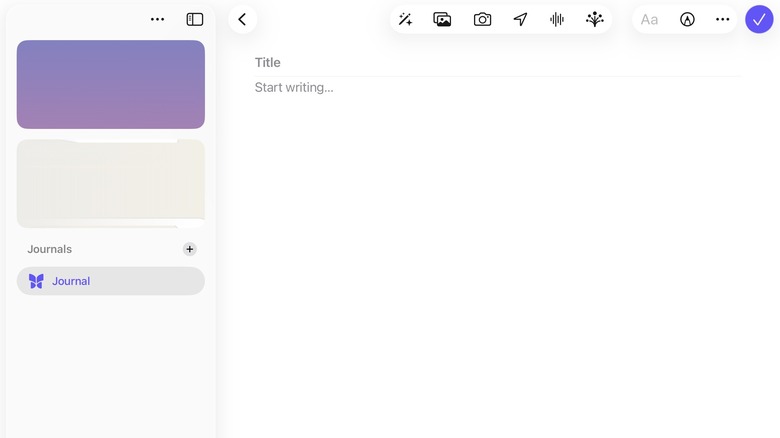 Journal app main writing screen