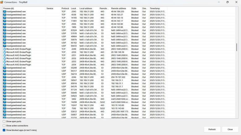 TinyWall app interface showing all blocked apps in last 5 minutes