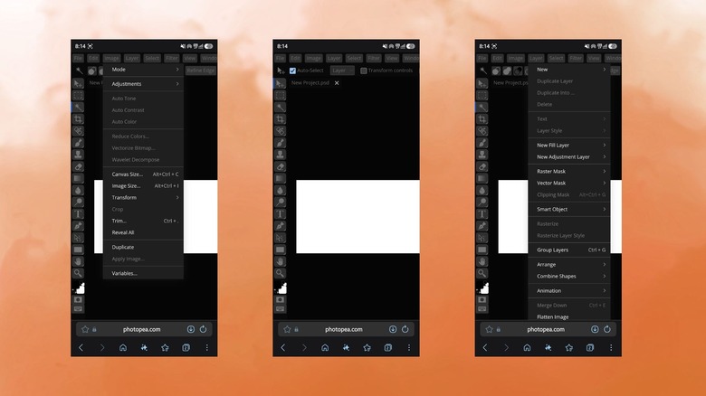 Interface of the Photopea online photo editor
